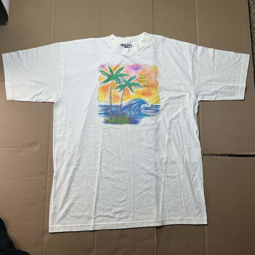 MECCA Hawaiian Palm Tree Sunset Graphic T-Shirt White 100% Cotton